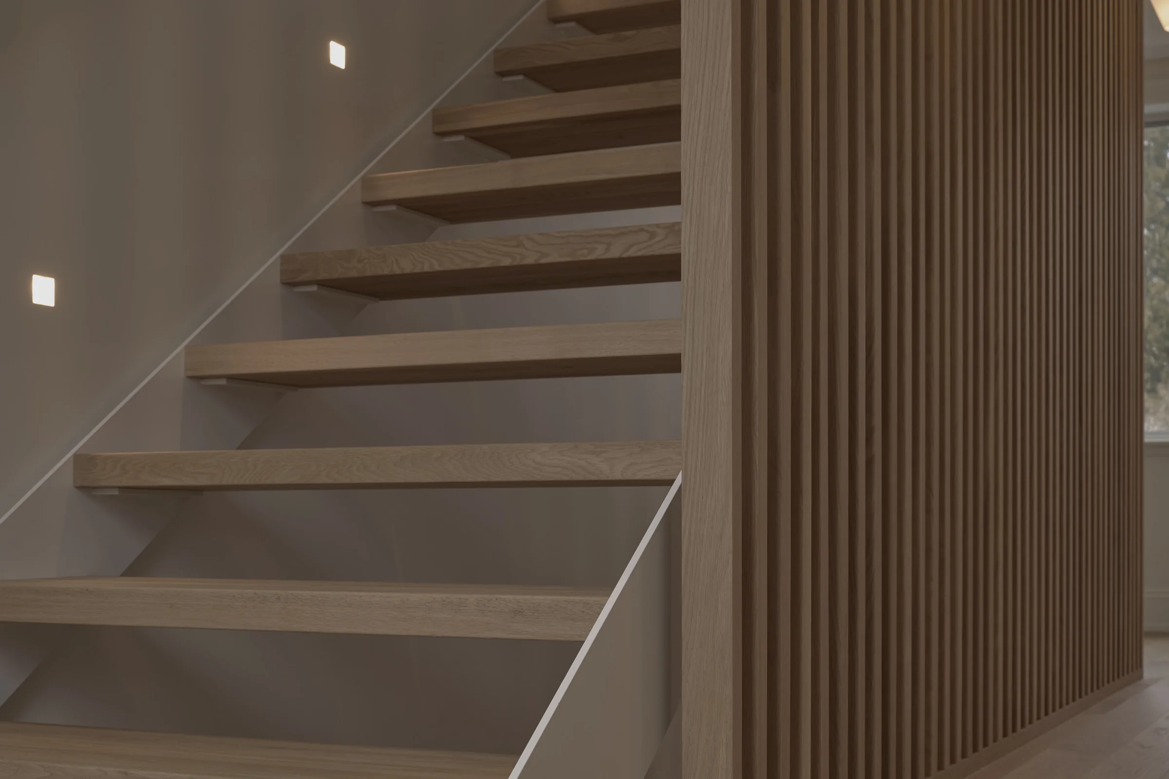 Floating oak stair and timber screen at Woodlawn